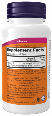 NOW Витамин D-3 1000 МЕ, 180 капсул