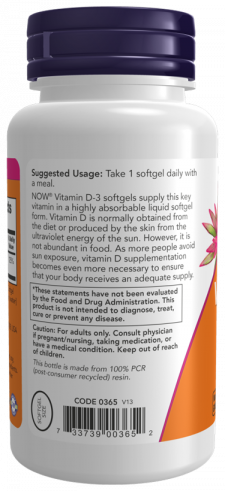 NOW Витамин D-3 1000 МЕ, 180 капсул