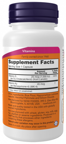 NOW Витамины D-3 и K-2 1000 МЕ / 45 мкг, 120 капсул