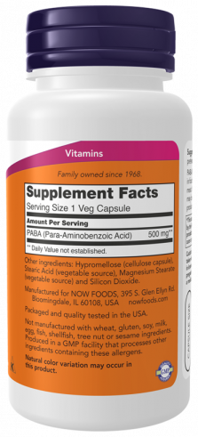 NOW PABA 500 mg, Парааминобензойная кислота (PABA), 100 капсул